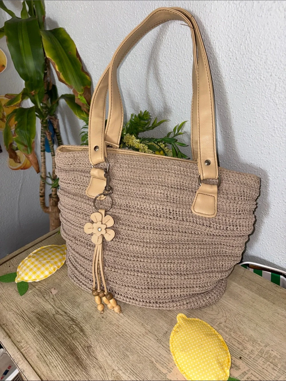 Bohemian Raffia Beige Woven Tote Bag with Flower Charm